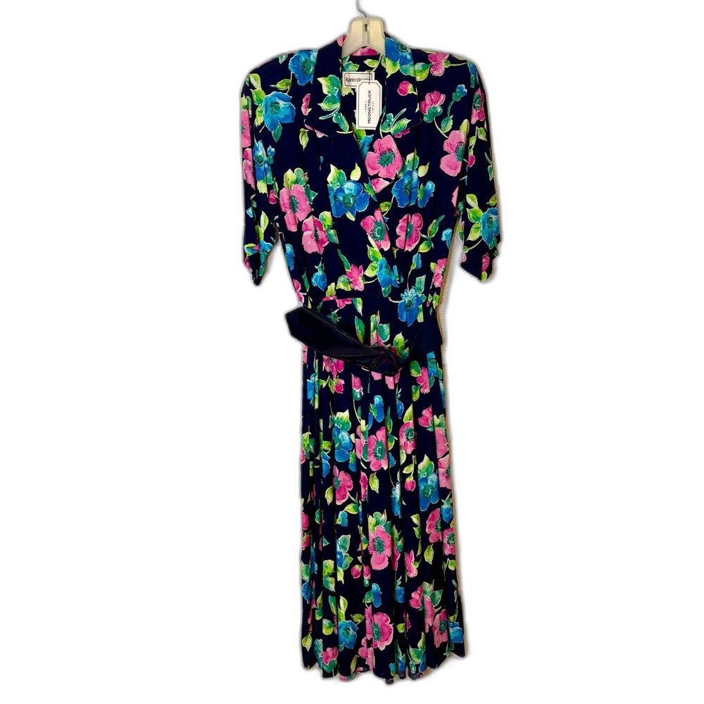 Vintage 80s Karin Stevens Floral Midi Dress Navy Pink Blue Faux Wrap Size M